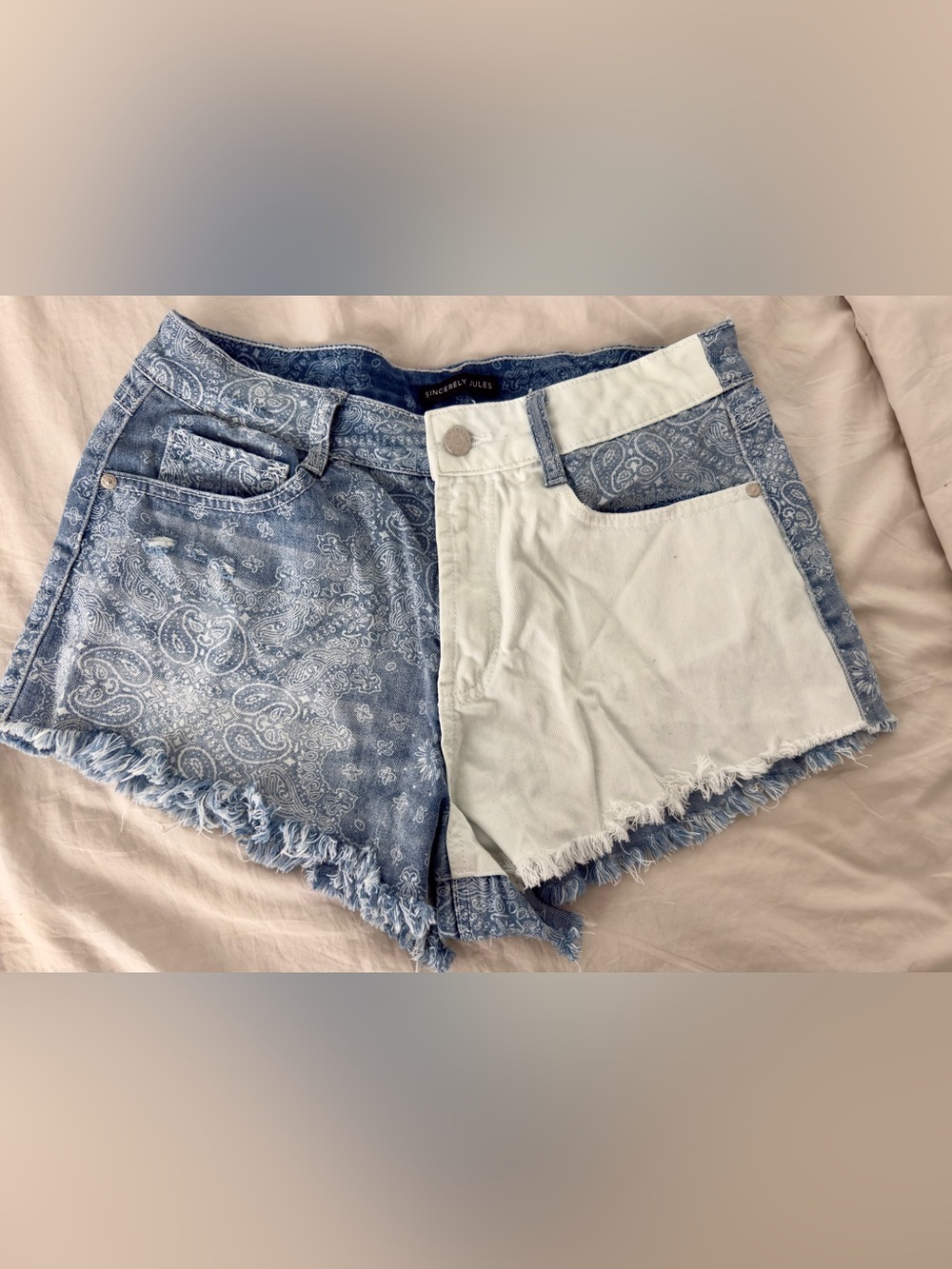 Two-Tone Blue Paisley & White Denim Women's Shorts - never worn - Only $10.